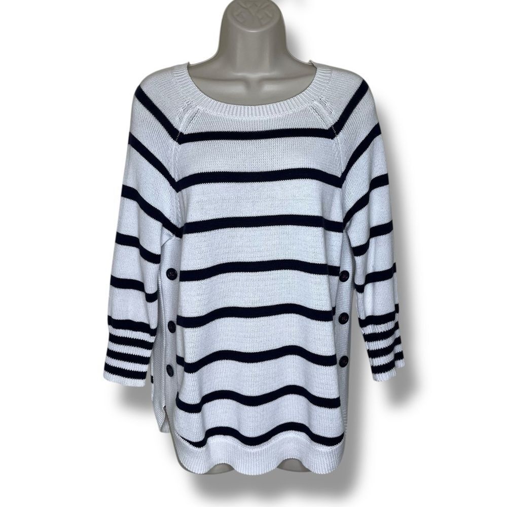 Cathy Daniels White Navy Stripe Nautical Sweater Medium Button Sides Round Neck